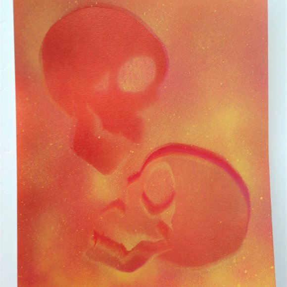 Abstract Floating Skulls Art 15x11 Yellow Orange Hand Crafted - Picture 5 of 16